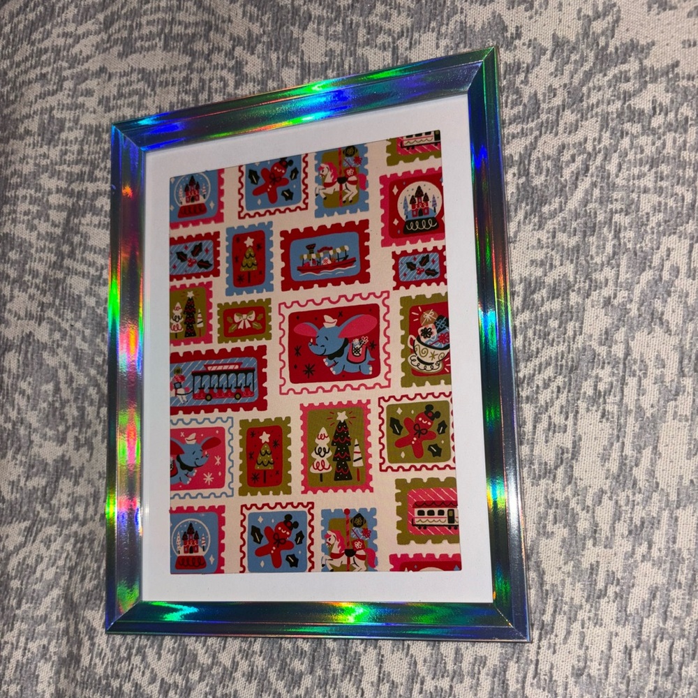 Disney postage stamp Mickey Minnie Christmas shimmer frame print cardstock 5 x 7